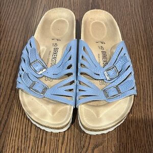Birkenstock Light Blue Leather Double-Buckle Slide Sandals sz 9